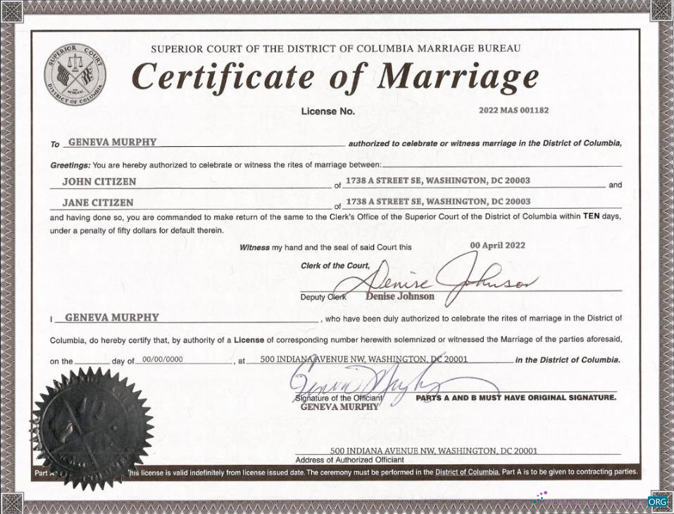 Download USA Washington district of Columbia marriage certificate template in PSD format Photoshop template